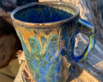Handmade Ceramic Coffee Mug, Coastal Cottage Stoneware, vibrant blue coffe cup