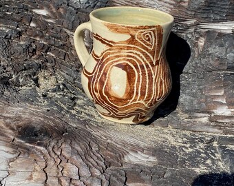 Handmade Ceramic Coffee Mug, Coastal Cottage Stoneware, tree ring design