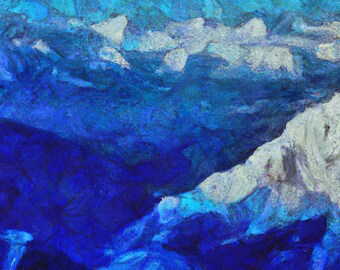 Berglandschap: etherische bergmajesteit in rustige tinten azuurblauw - origineel olieverfschilderij | Bergolieverfschilderij | Directe download
