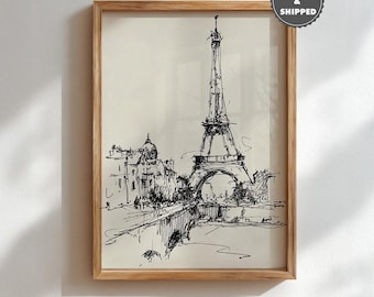 Vintage Eiffel Tower Sketch Print, Minimalist City Line Drawing Wall Art, French Landscape Decor, Printed and Shipped