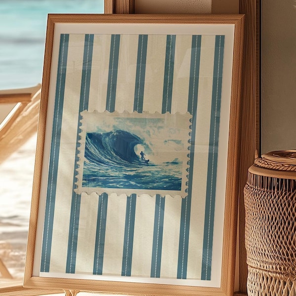 Vintage strandhavstryck trendig surfkustväggkonst retrostämpel surfareposter strandhusdekor havsvågor estetisk sovrumstryck present