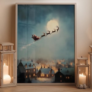 Impresión vintage de trineo de Papá Noel, arte de pared navideño, lindo reno, pintura al óleo, póster navideño, decoración navideña, paisaje nevado invernal, impresión festiva, regalo