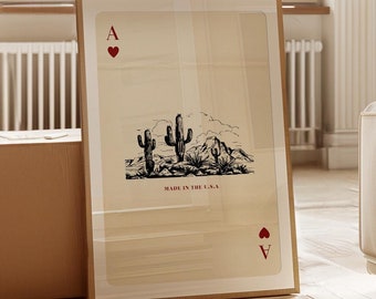 Playing Card Print, Desert Vintage Western Landscape Poster, Cowboy Wall Art, Playing Card Poster, Vintage Trendy Print, Ace of Hearts Art