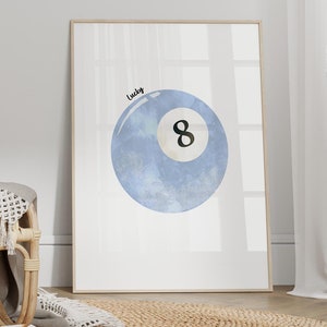 Lucky 8-ball muurkunst, vintage print biljartbal, blauwe biljartbal moderne poster, retro handgetekende slaapkamer poster, trendy afdrukbare slaapzaaldecor