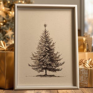 Vintage Christmas Tree Print Winter Evergreen Tree Painting Xmas Festive Holiday Decor Rustic Snow Forest Pine Tree Neutral Sketch Print