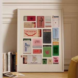 Vintage Matchbox Print, Trendy Matches Poster, Retro Matchbook Wall Art, Bar Cart Aesthetic Print for Apartment, Cute Preppy Bedroom Decor