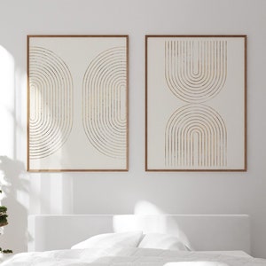 Neutral Geometric Wall Art Set of 2 Mid Century Art Prints Modern Abstract Beige Minimal Wall Print Living Room Decor 2 Piece Art Set