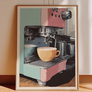 Pôster de máquina de café, impressão de café, arte retrô de café expresso, decoração de bar de café da manhã, arte de parede de cozinha moderna, pôster de cozinha moderno