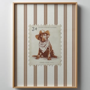 Cowboy Hund Druck Vintage Stempel Wohnkultur Wandkunst Rustikal Mid West Gestreift Trendy Poster Western Retro Haustier ästhetisches Wohnzimmer Druck Geschenk