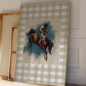 Vintage Cowboy Print Gingham Style Western Poster Cowboy Wall Art Rustic Mid West Oil Painting Modern Decor Retro Horse Aesthetic Print Gift
