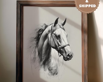 Schizzo vintage di cavallo a matita, arte equestre da parete, poster di animali da fattoria, disegno vintage di fattoria, regalo per amanti dei cavalli, arredamento rustico cottagecore