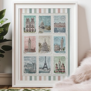 Vintage Briefmarke Druck Reise Drucke Retro Gestreift Wand Kunst London Paris Italien Modernes Dekor Stempel Sammlung Girly Ästhetisches Druck Geschenk
