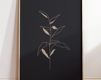 Black Botanical Wall Art Print, Minimalist Flower Poster, Black Modern Abstract Printable Leaf Print, Boho Bedroom Decor Digital Download