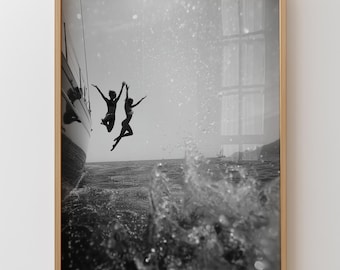 Black and White Coastal Print Women Jumping Poster Living Room Aesthetic Print Sailboat Yacht Photography Italy Beach Print Fine Art Decor