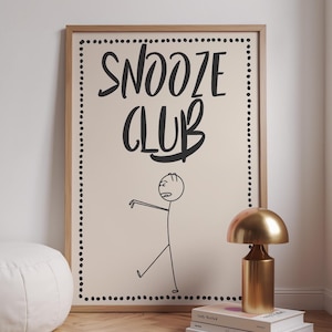 Snooze Club Print, Trendy Above Bed Decor, Bedroom Wall Poster, Fun Minimalist Bedroom Wall Art, Dorm Bedroom Art Print, Mid Century Decor