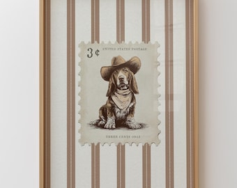 Cowboy Dog Print Vintage Stamp Home Decor Wall Art Rustic Basset Hound Striped Trendy Poster Western Retro Pet Aesthetic Living Room Print