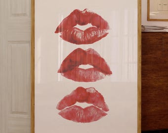 Kiss Lips Wall Art, Red Kisses Print, Retro Lips Poster Trendy Wall Art Girly Print, Coquette Bedroom Prints Funky Apartment Aesthetic Gift