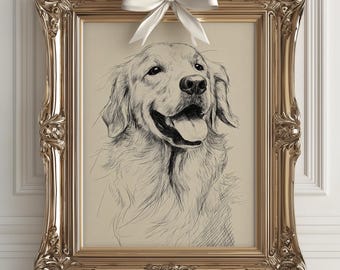 May include: A framed sketch of a Golden Retriever dog with a white bow. The artwork is in a gold ornate frame. The dog is smiling with its tongue out. The background is a neutral beige color.