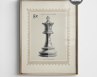 Vintage Chess Print, Black and White Sketch Stamp Art, Chess Lover Gift Printed and Shipped