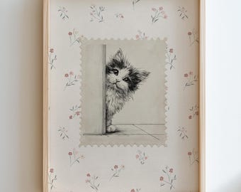 Kat muurafdruk kitten muurkunst, bloemen roze kat moeder cadeau woondecoratie, dierenkunst aan de muur, leuk huisdier decor, kattenliefhebber kunstwerk dierenliefhebber poster
