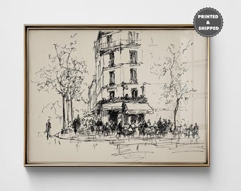 Vintage Paris Street Sketch Print, Minimalist City Line Drawing Wall Art, French Landscape Decor, Printed and Shipped