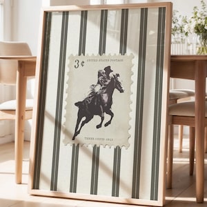Póster de dormitorio occidental con estampado de rodeo a rayas vintage, arte de pared de vaquero, decoración rústica del Medio Oeste, decoración moderna de mediados de siglo, impresión estética de caballo retro