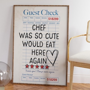 Chef Was Cute Guest Check Poster Trendy Wall Art Prints Kitchen Decor Living Room Modern Apartment Poster, Love Heart Girly Wall Print Gift