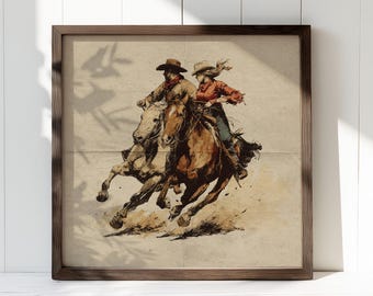 May include: A framed print featuring a vintage-style illustration of two people riding horses at a fast pace. The riders wear cowboy hats and western attire. The artwork has a sepia-toned background and is framed in a dark brown wooden frame.