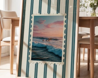 Vintage Beach Ocean Print Trendy Surf Coastal Wall Art Retro Stamp Dolphin Poster Beach House Decor Ocean Waves Aesthetic Bedroom Print Gift