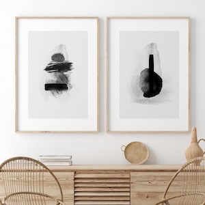 Set of 2 Black and White Prints, Abstract Print Set, Black and White Wall Art, Grey Modern Watercolour Art, Living room Print Set, Japandi