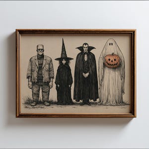May include: A framed art print on tan paper featuring four figures standing in a row: a creature with a flat head, a witch in a pointed hat, a vampire in a high-collared cape, and a ghost holding an orange jack-o'-lantern with a carved face.