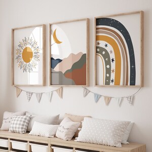 Juego de 3 impresiones de guardería bohemia, pósteres para habitación de bebé con sol, arcoíris y luna, decoración de habitación de bebé natural según el género, impresiones abstractas de mediados de siglo, sala de juegos para niños