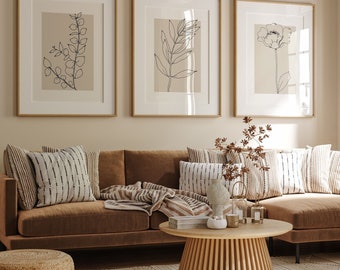 Neutral Wall Prints, Set of 3, Botanical Wall art, Botanical Line Art Beige Home Decor, Digital Download, Living Room Art, Floral prints