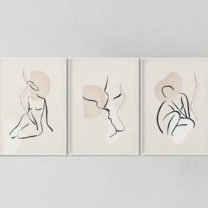 Woman Line Art Print, Neutral Wall Art, Set of 3, Woman Wall Print Set, Abstract Neutral Art Print, Minimal Woman Art, Bedroom Wall Decor,