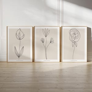 Flower Prints Set of 3 Botanical Line Art Wall Art, WildFlower Gallery Art Floral Poster Modern Home Decor Boho Bouquet, Botanical Artwork