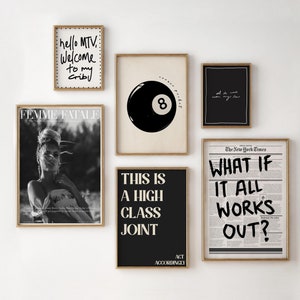 May include: A gallery wall with nine framed prints. The prints feature a variety of designs, including a black and white photo of a woman, a black and white illustration of a pool ball, a black and white newspaper clipping with the text "What if it all works out?" and a black and white print with the text "This is a high class joint".