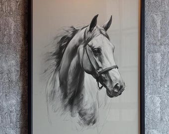 Schizzo vintage di cavallo a matita, arte equestre da parete, poster di animali da fattoria, disegno vintage di fattoria, regalo per amanti dei cavalli, arredamento rustico cottagecore