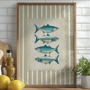 Vintage Fish Print Coastal Kitchen Wall Art Seafood Poster Beach House Artwork Mediterranean Apartment Nautical Striped Decor Sardines Print