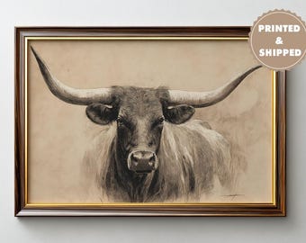 Texas Longhorn Print Cow Poster Cowboy Art Print Western Print Cattle art print Texas Farmhouse Ranch Decor Country Aesthetic Living Room