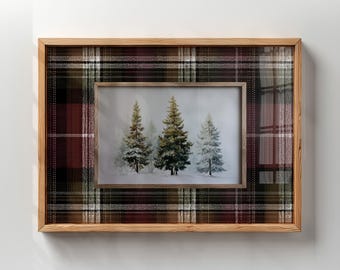 Classic Christmas Plaid Print Vintage Winter Pine Tree Wall Art, Cottage Cabin Decor, Neutral Alpine Forest Farmhouse Gift