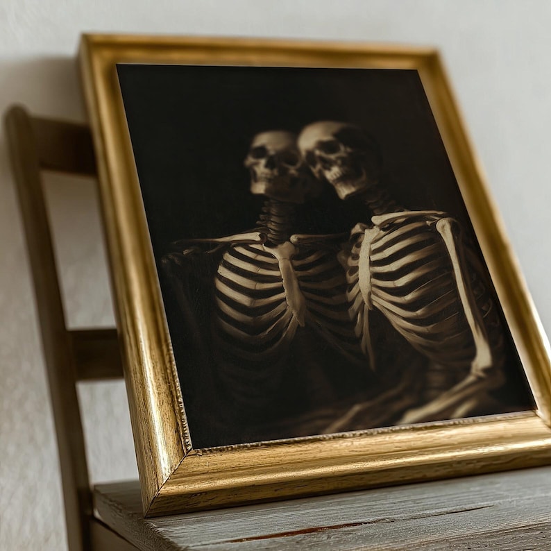 Two Skeletons Oil Painting, Vintage Dark Academia Poster, Spooky Gothic ...