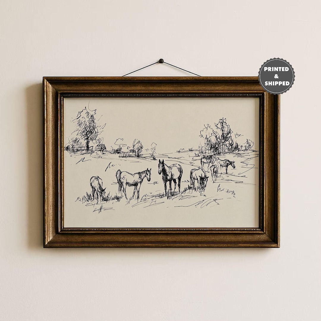 Rustic Horse Design Vintage Horse Print, Rustic Woodland Horses in Field Sketch, Cozy ...