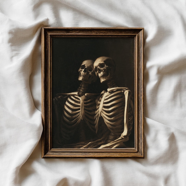 Two Skeletons Oil Painting, Vintage Dark Academia Poster, Spooky Gothic ...