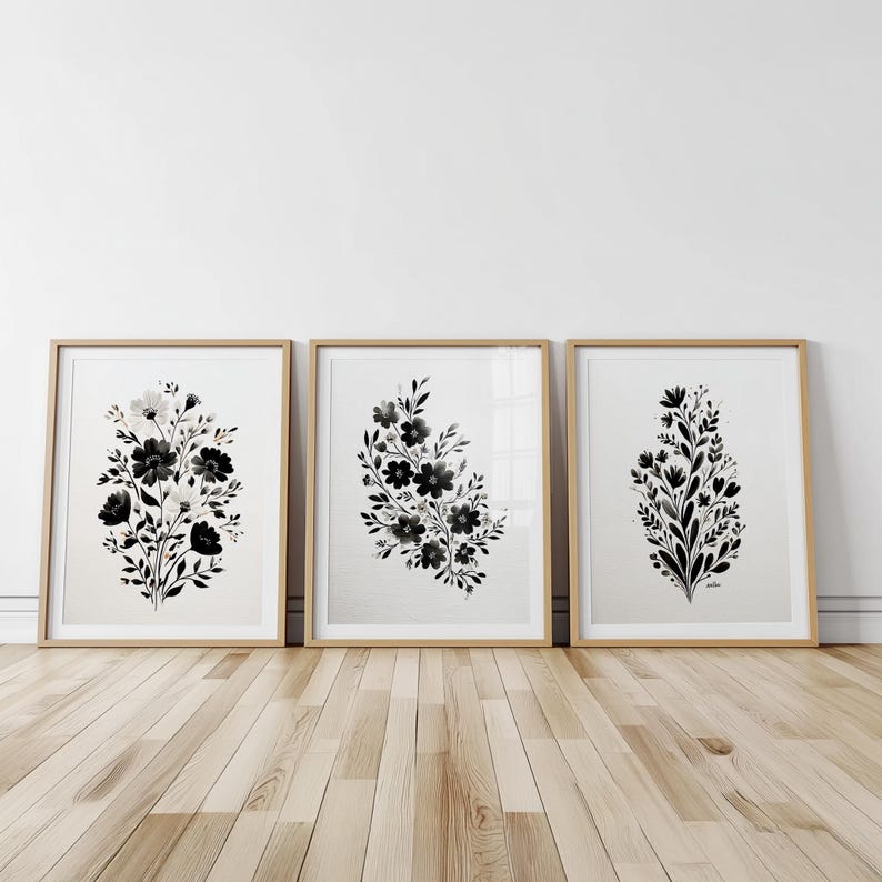 Vintage Black White Botanical Print: Set of 3 Floral Wall Decor, French ...
