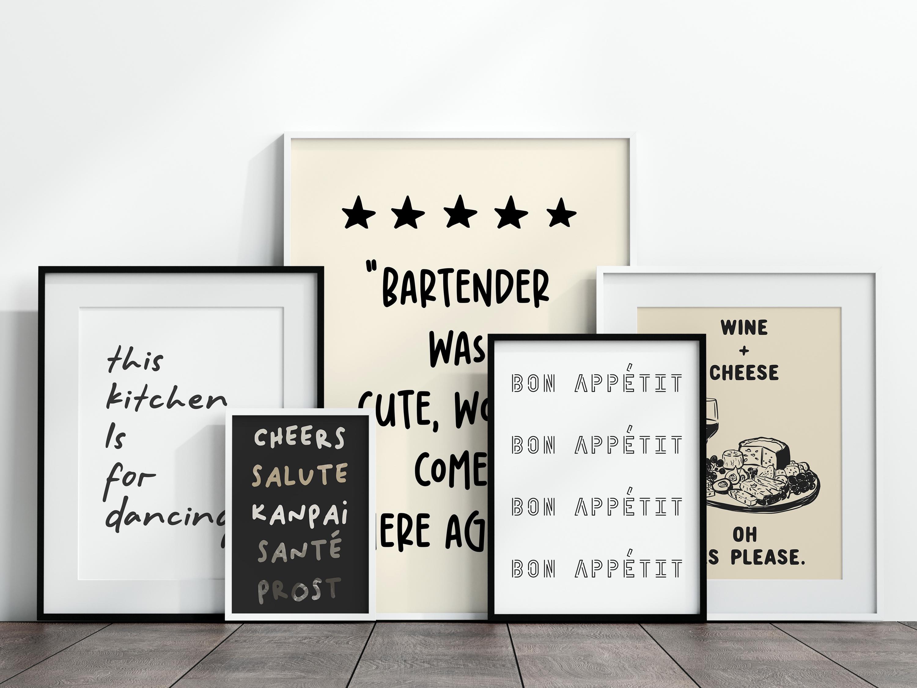 kitchen prints | 9 printables | trendy kitchen wall... Trendy Kitchen Wall Art Set of 9 Prints Modern Bar Cart Retro Wine ...