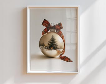 Vintage Christmas Decoration Print, Plaid Neutral Cottagecore Winter Decor, French Country Holiday Art Digital Download
