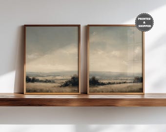 ヴィンテージ風景壁飾り 2枚セット ファームハウス絵画 ニュートラルプリント コテージコア 印刷済み・発送