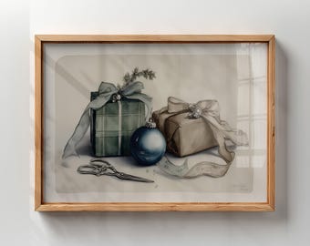 Vintage Christmas Decoration Print, Watercolor Neutral Cottagecore Winter Decor, French Country Holiday Art Digital Download