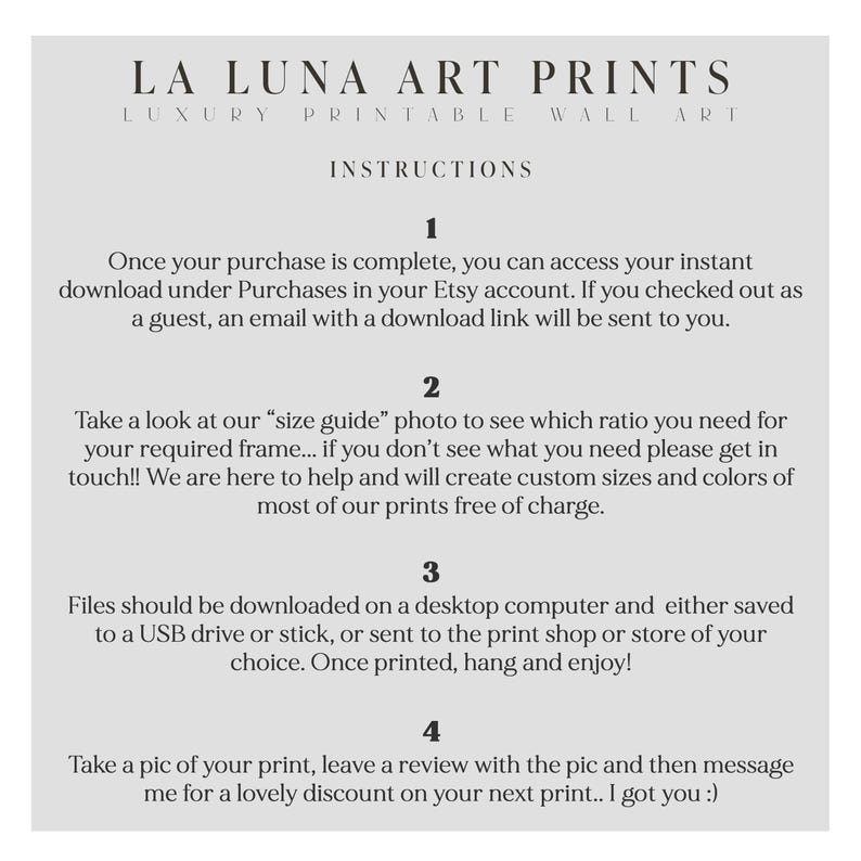 May include: Instructions for downloading and printing art prints from La Luna Art Prints. The instructions include information about accessing downloads, size guides, and printing options.