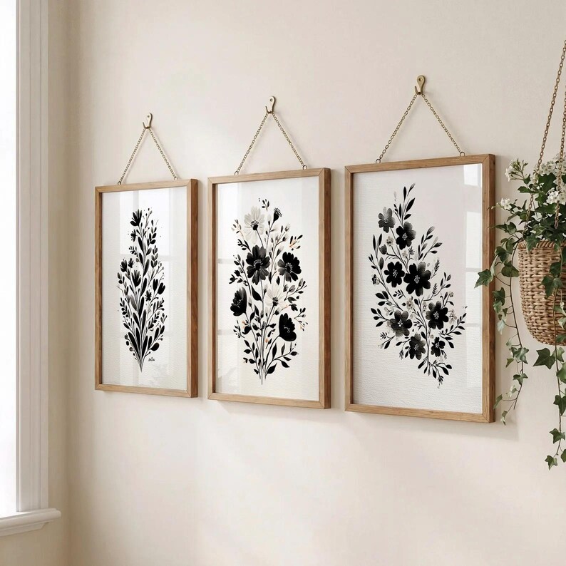 Vintage Black White Botanical Print: Set of 3 Floral Wall Decor, French ...